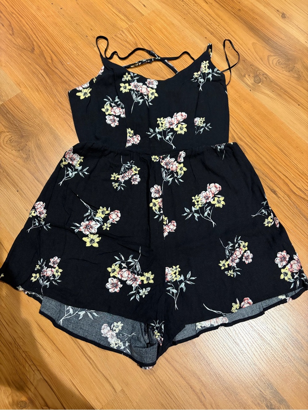 Garage Black Floral Spaghetti-Strap Romper with Yellow & Pink Blooms